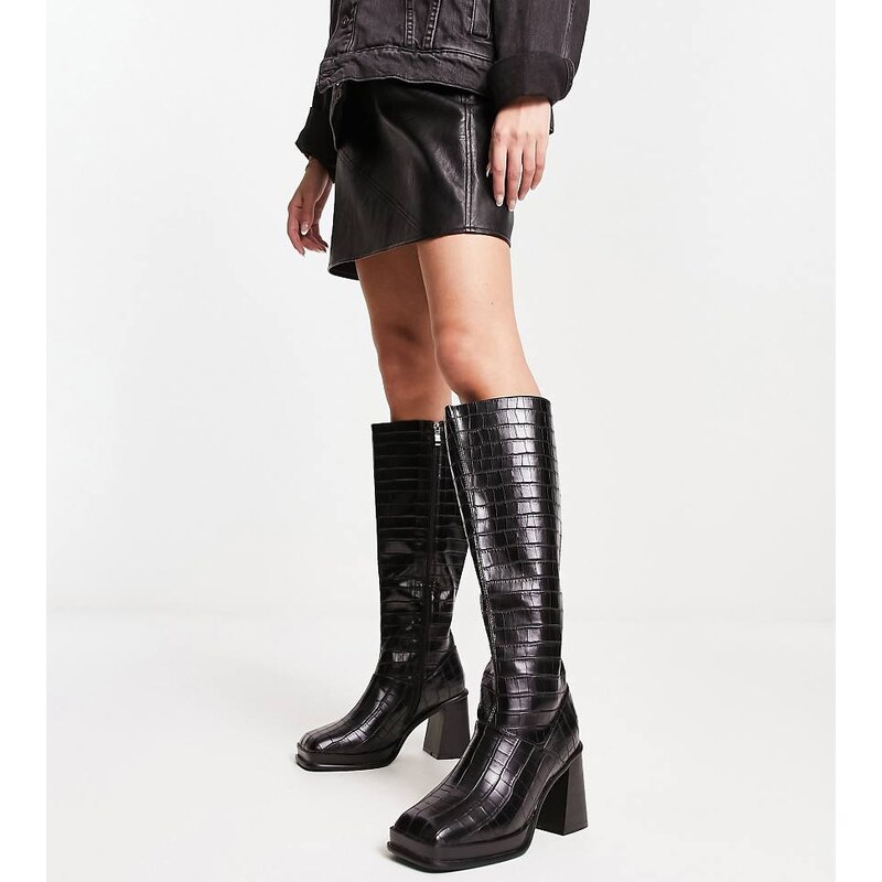 RAID Wide Fit Pacfic heeled knee boots in black croc 114708579