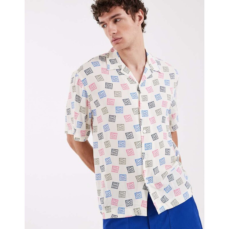 Selected X Hotel amour short sleeve shirt with stamp print in cream-White