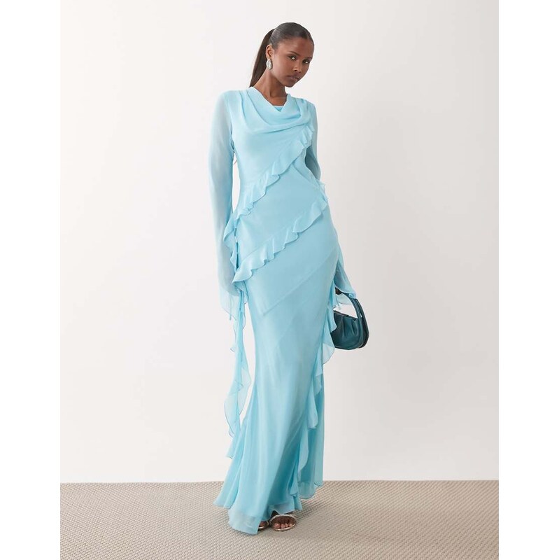 Daska chiffon high cowl neck frill detail maxi dress in blue 115522144