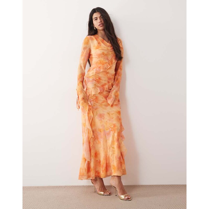 Daska chiffon high cowl neck frill detail maxi dress in pink and 115522146