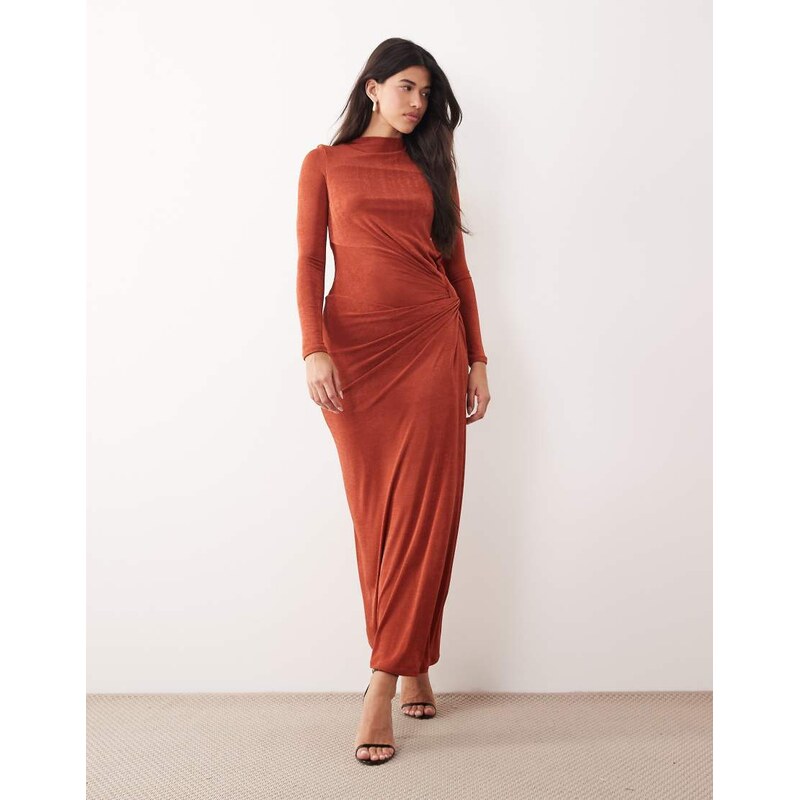Daska stretch long sleeve high neck twist maxi dress in rust-Orange 115522147