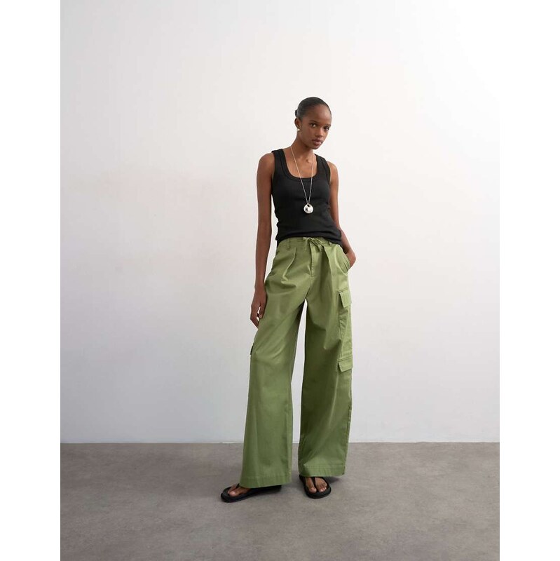 Topshop clean A line wide leg cargo with tie waist in khaki
