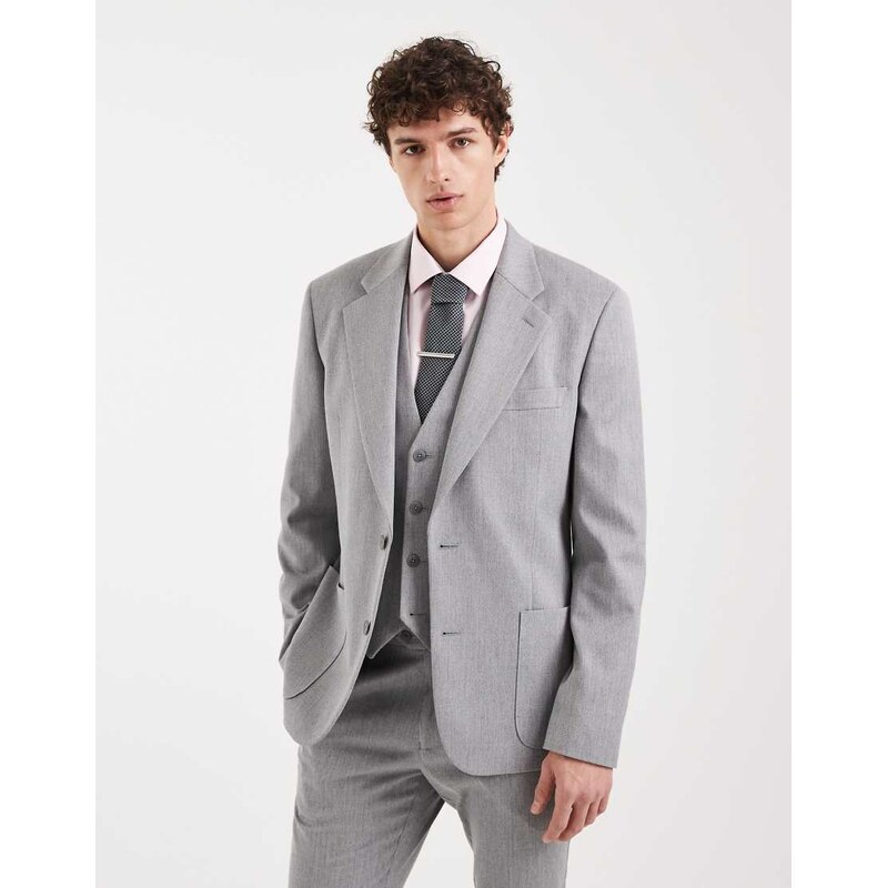 ASOS DESIGN skinny suit jacket in grey wool look herringbone