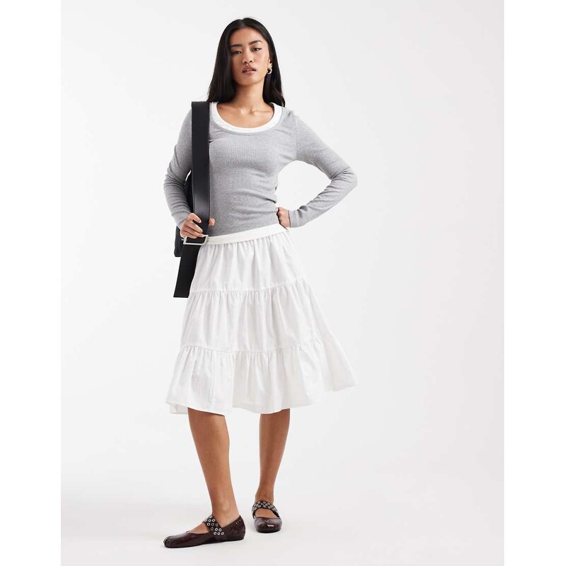 ASOS DESIGN tiered volume 90s midi skirt in ivory-White