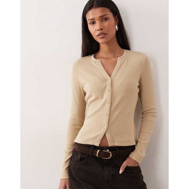 Threadbare long sleeve button through ribbed top in oat-Neutral