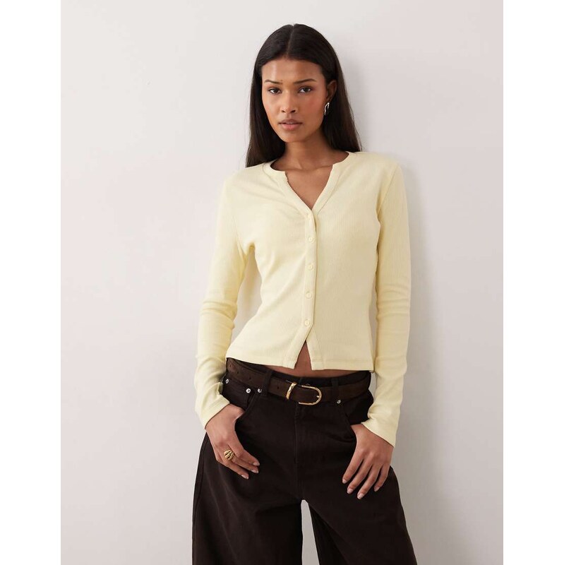 Threadbare long sleeve button through ribbed top in lemon yellow