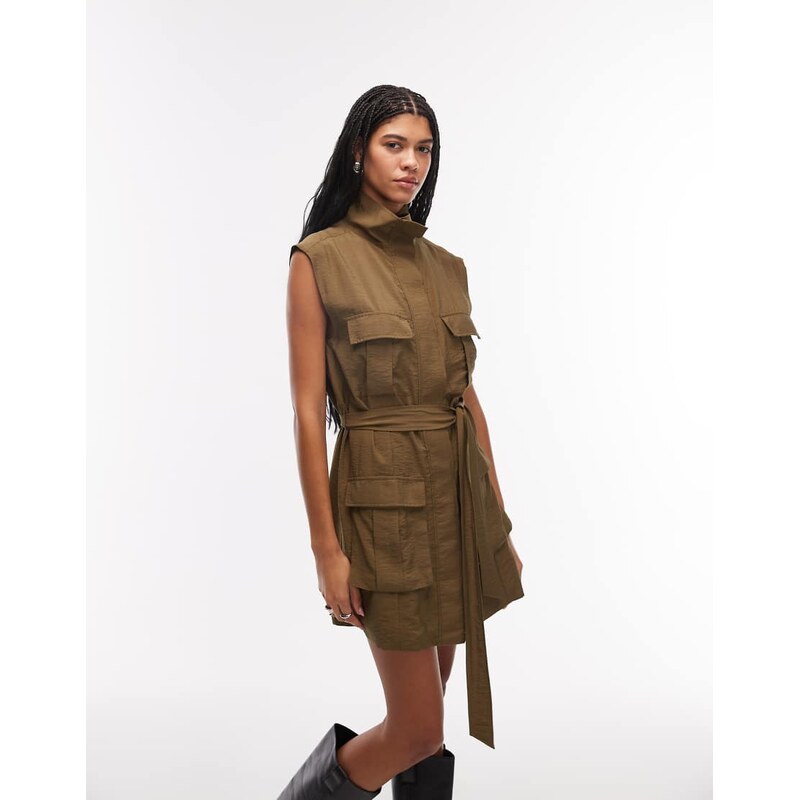 ASOS DESIGN utility style mini dress with tie waist in deep
