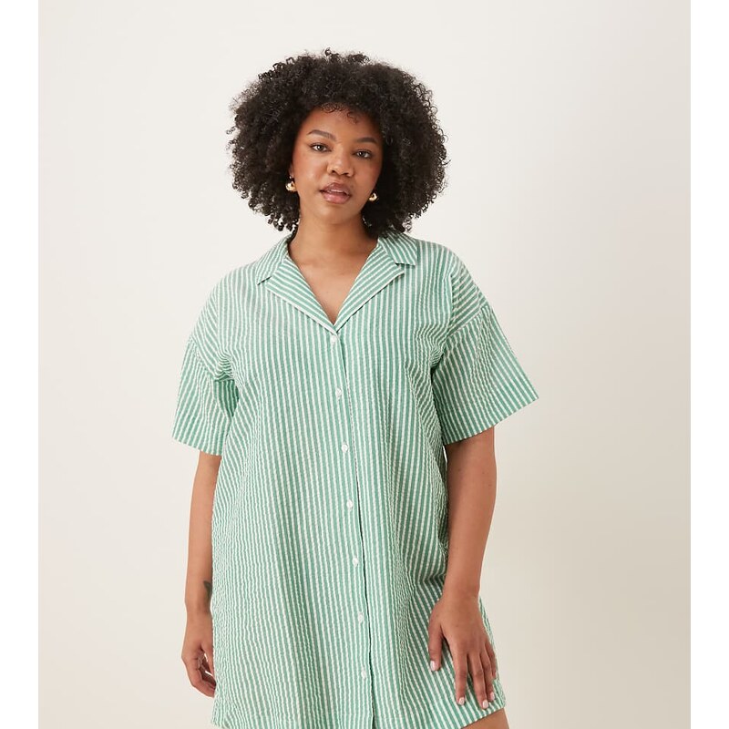 ASOS Curve ASOS DESIGN Curve bowling shirt dress in green stripe-Multi 114712497