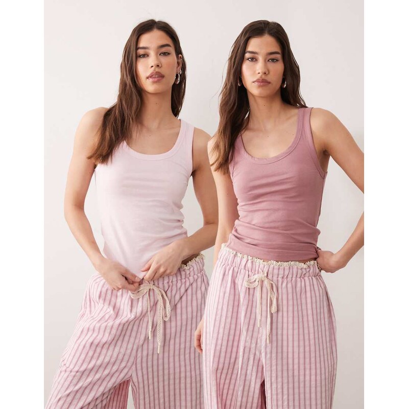 ASOS DESIGN 2 pack pyjama vest in mink & pink-Multi 114708811