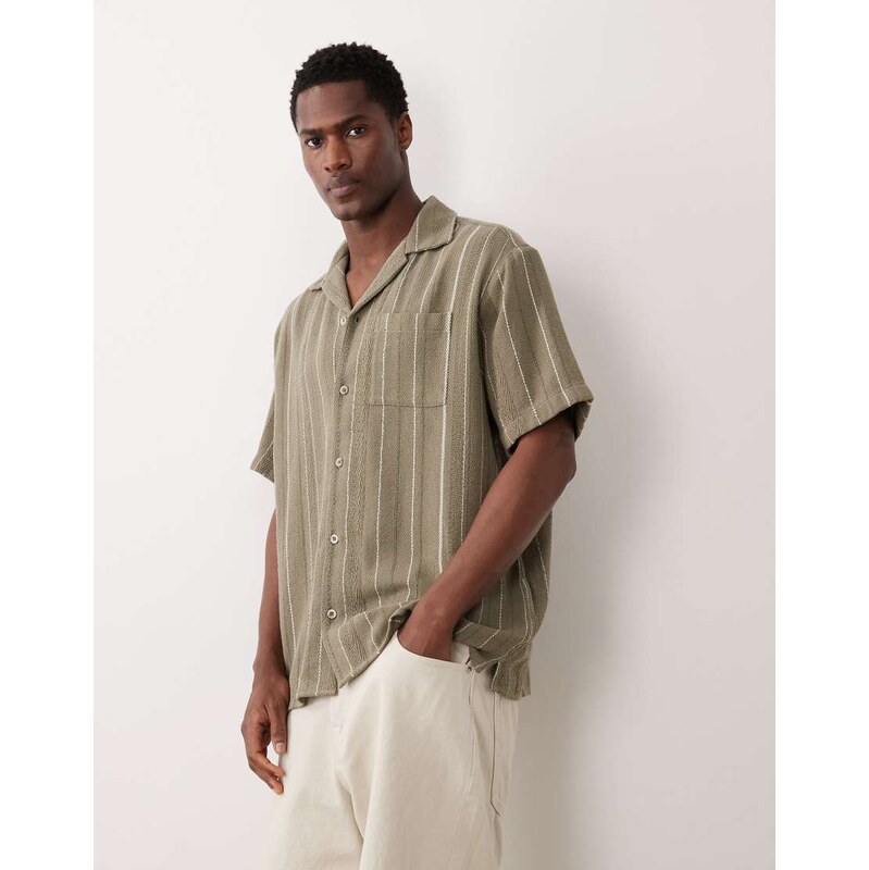 Jack & Jones striped short sleeve shirt in khaki-Green