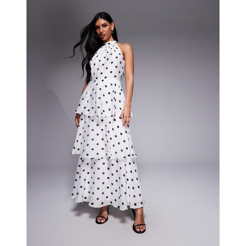 Forever New tiered halter neck maxi dress in white polka dot
