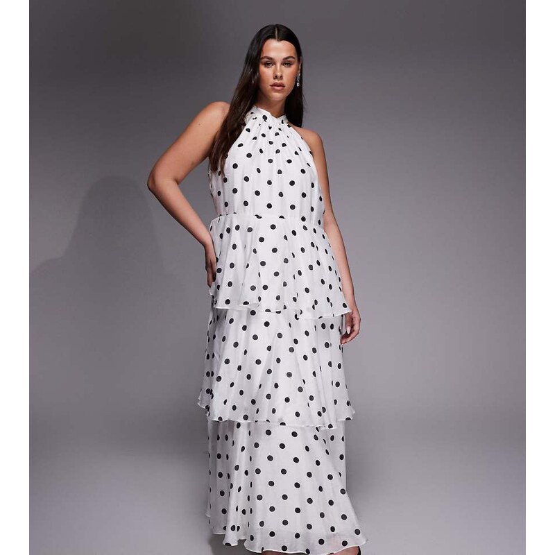 Forever New Curve tiered halter neck midaxi dress in white polka dot 115520287