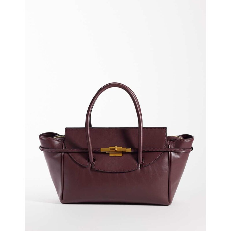 ASOS DESIGN belted hardware grab handle tote bag in burgundy-Red