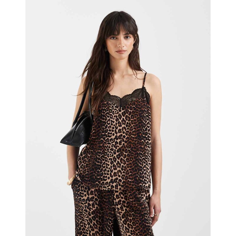 Pieces cami top co-ord with lace trim detail in leopard print