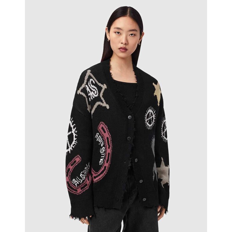 AllSaints hester graphic print distressed v neck cardigan in black 114708908