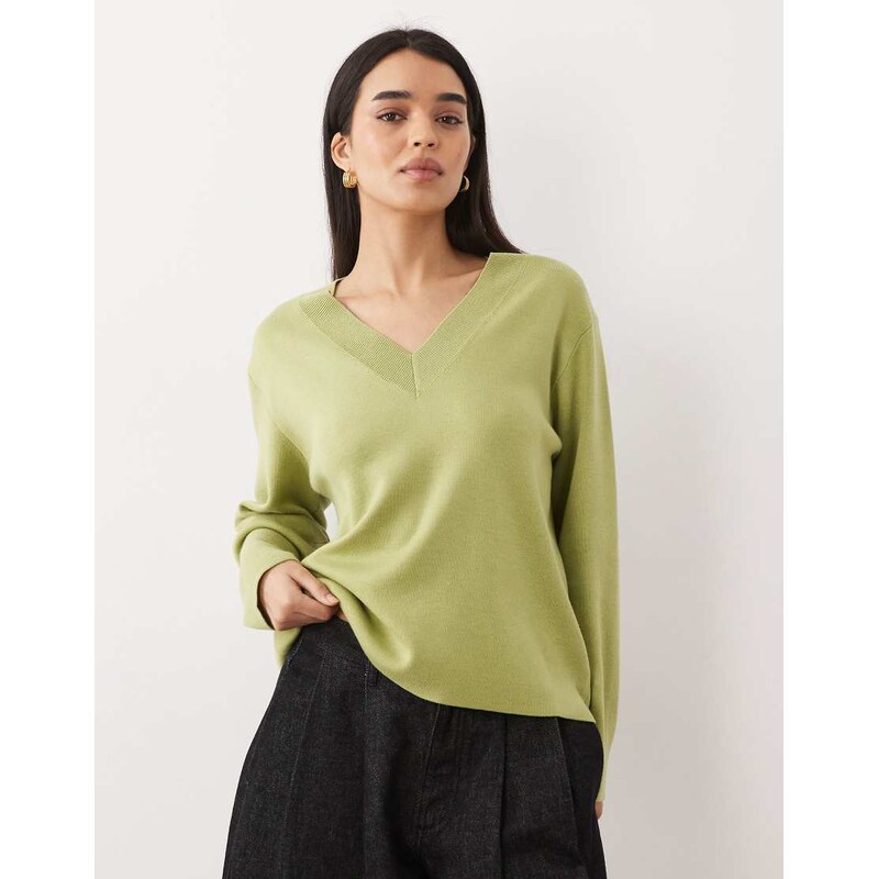Mango knitted v neck jumper in light green