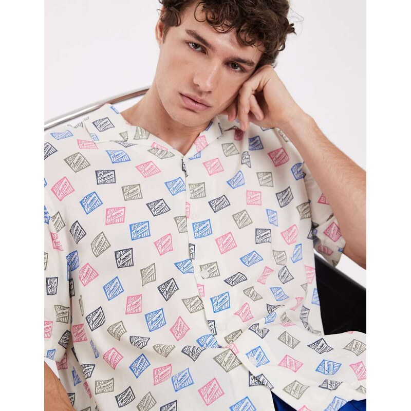 Selected X Hotel amour short sleeve shirt with stamp print in cream-White