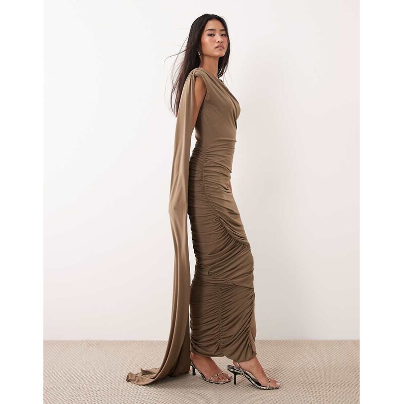 TFNC slinky sleeveless shoulder pad ruched cape detail maxi dress in 114719596