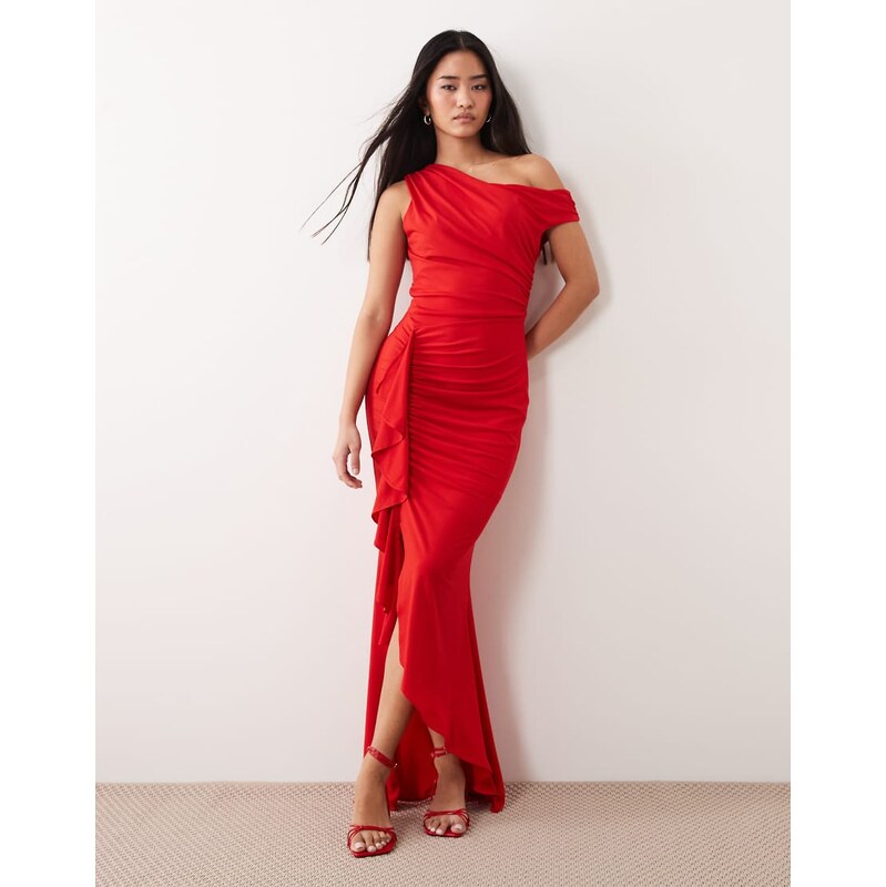 TFNC slinky fallen shoulder thigh split ruffle detail midaxi dress in 114822090