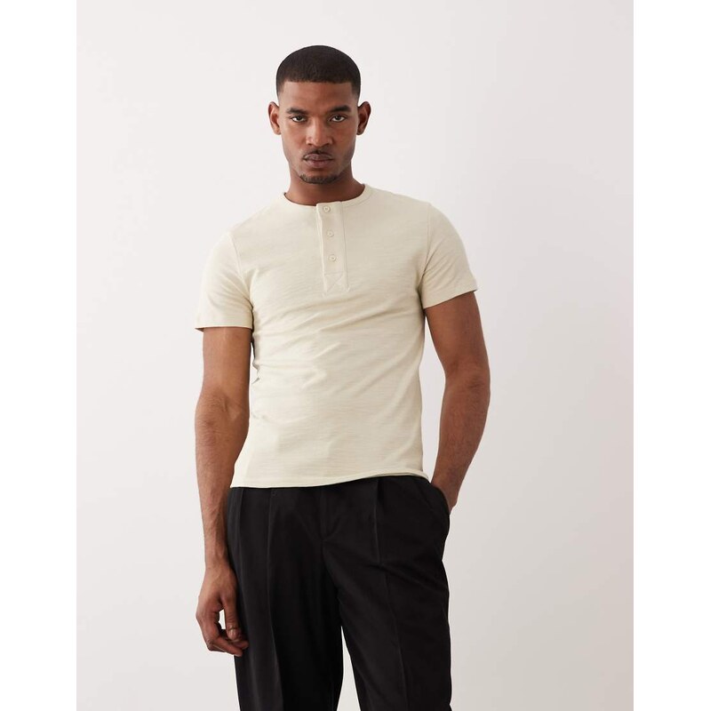 ASOS DESIGN slim t-shirt with henley neck in stone slub texture