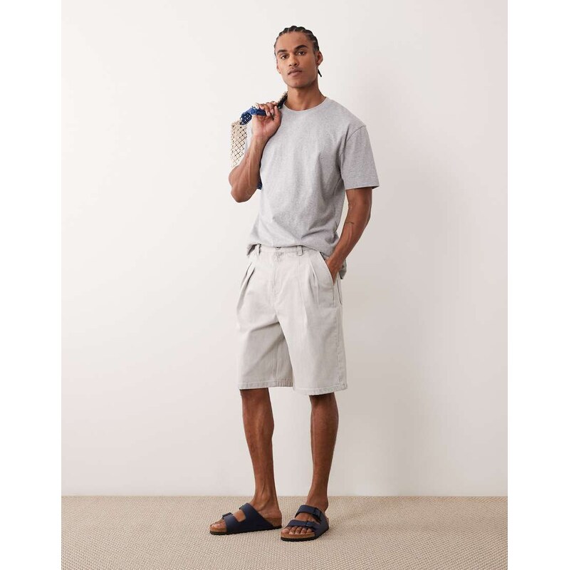 ASOS DESIGN denim jorts in light grey with double pleats