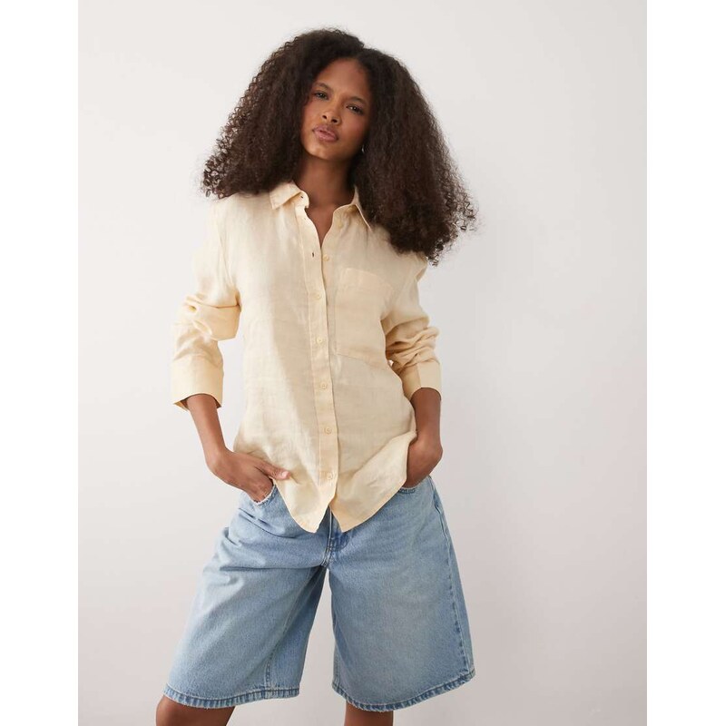 Mango 100% linen classic shirt in yellow 114712517