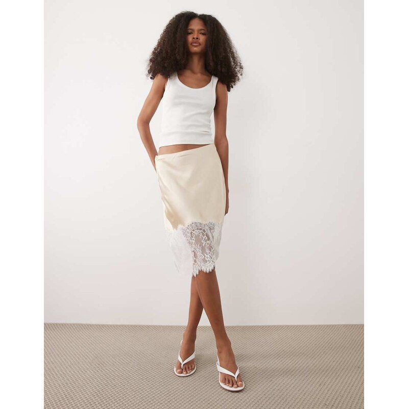 Mango satin and lace knee length skirt in beige-Neutral