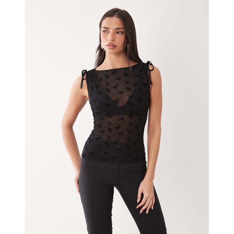 ASOS DESIGN flocked ditsy slash neck open back top with picot