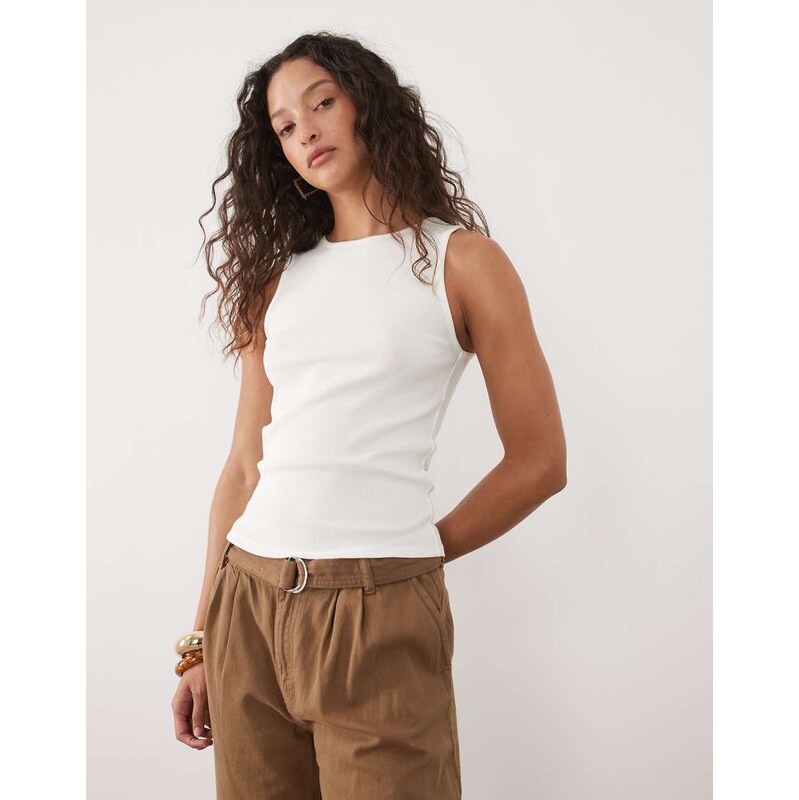 Mango cotton rich ribbed racer vest in white