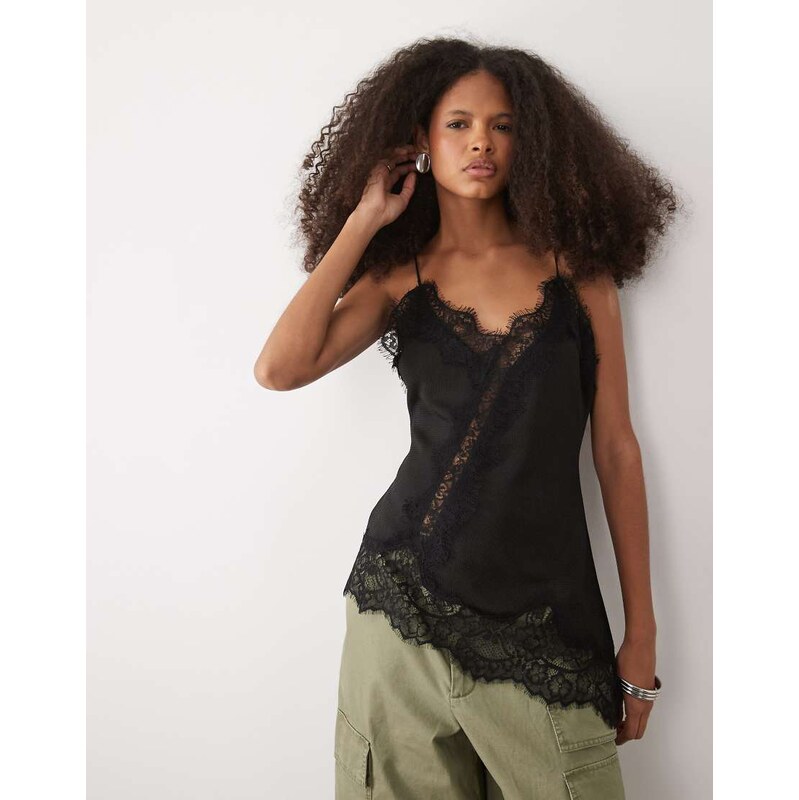 Mango asymmetric compact cami with lace trim in black 114726146