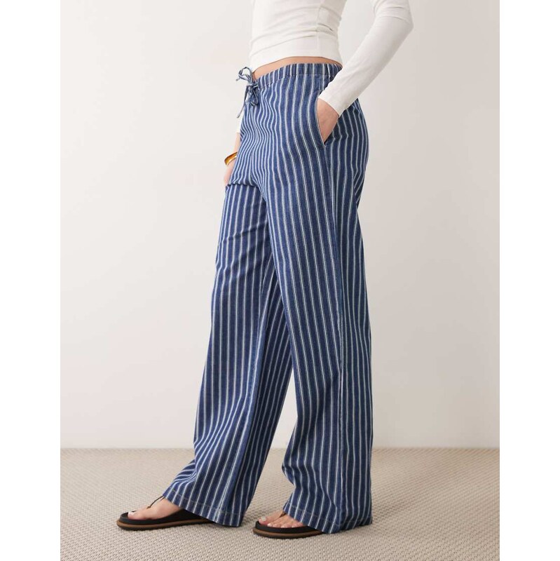Mango 100% cotton tie waist denim trouser in blue and white stripe 114720296