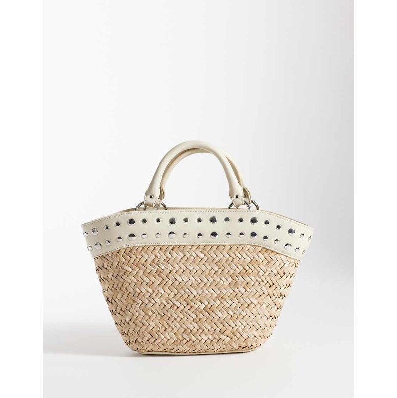Mango woven handbag with faux leather studded trim in beige-Neutral 114709030