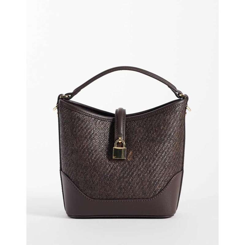 Mango woven bucket bag with buckle in dark brown 114709031