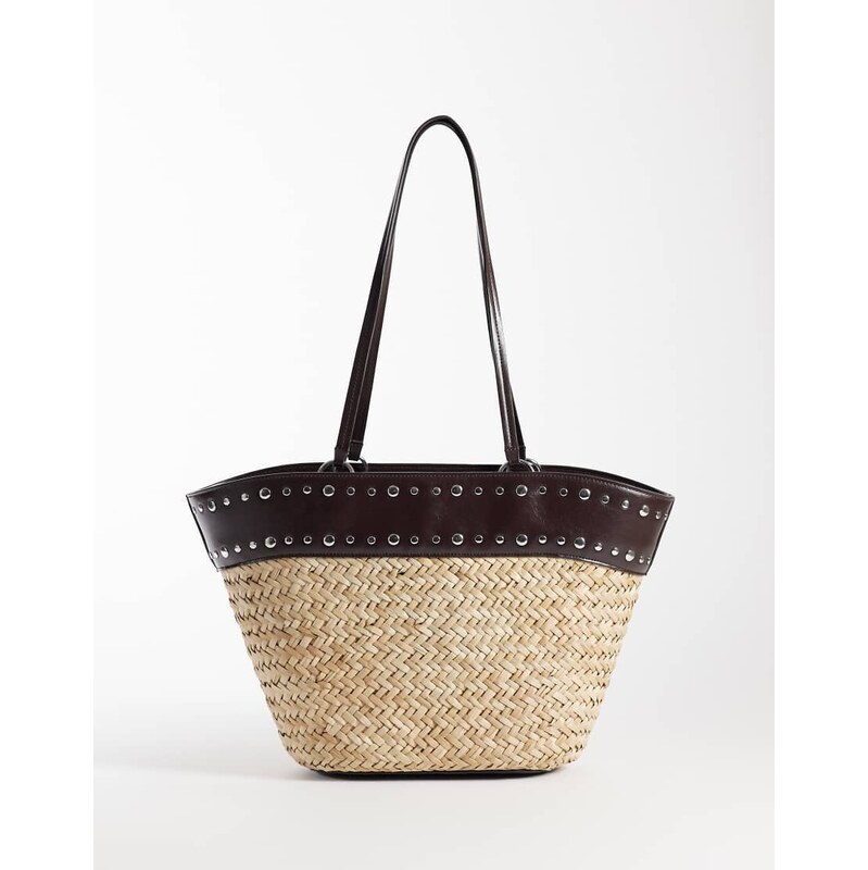 Mango woven shoulder bag with faux leather studded trim in beige 114709032