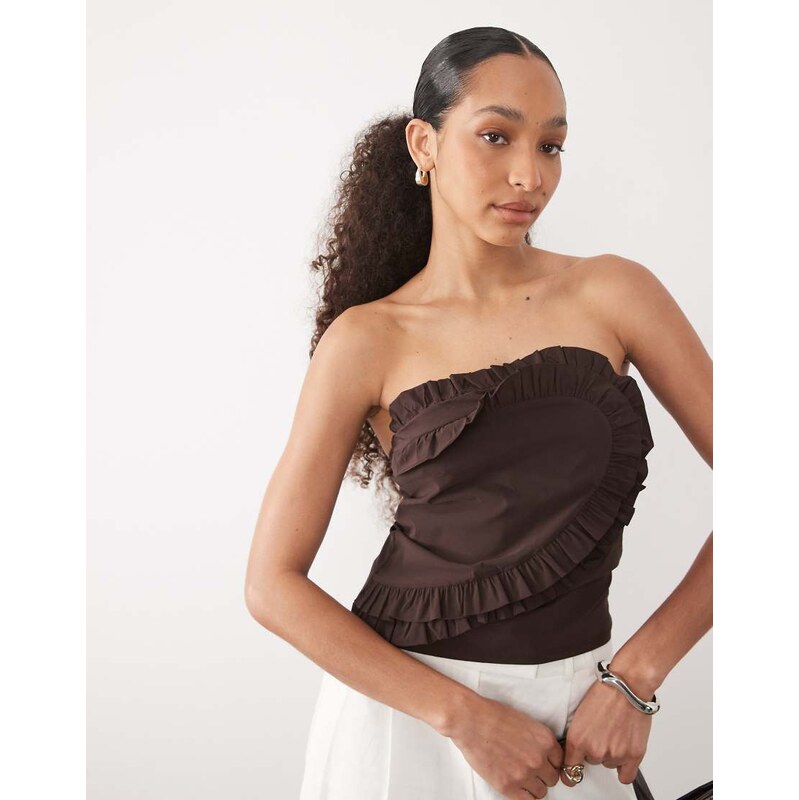River Island ruffle detail bandeau top in dark brown