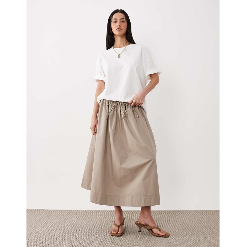 ASOS DESIGN poplin tie waist circle maxi skirt in stone-Neutral