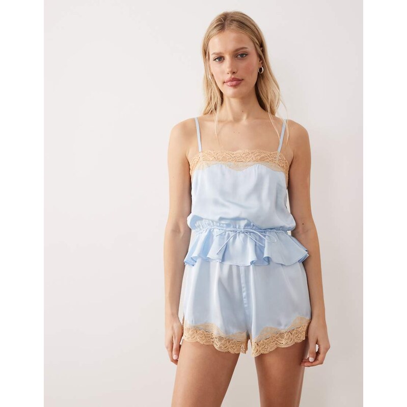 ASOS DESIGN pale blue satin playsuit with peach lace-No colour 114712490