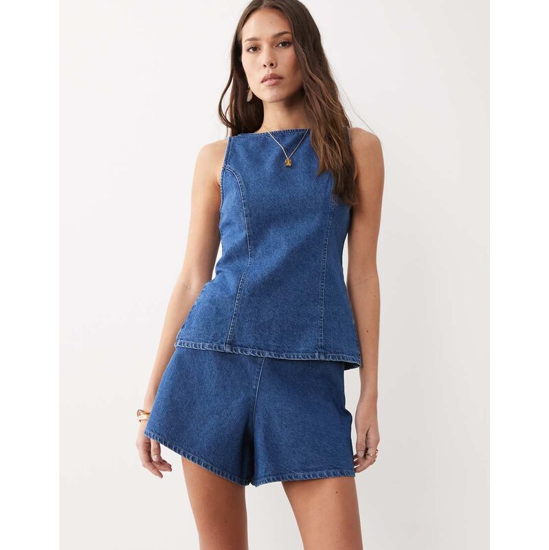 ASOS DESIGN denim clean a line short co-ord in mid blue