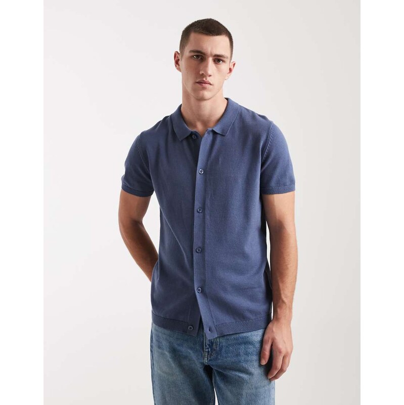 New Look button through knitted polo top in blue