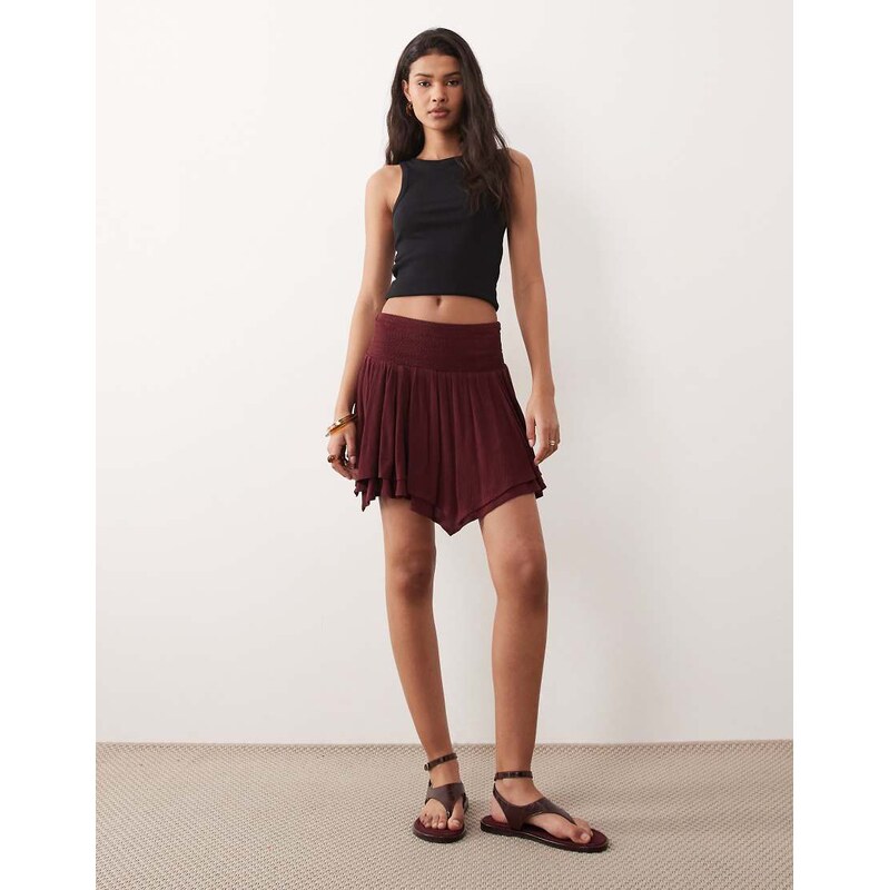 Miss Selfridge shirred waist hanky hem mini skirt in fig-Pink