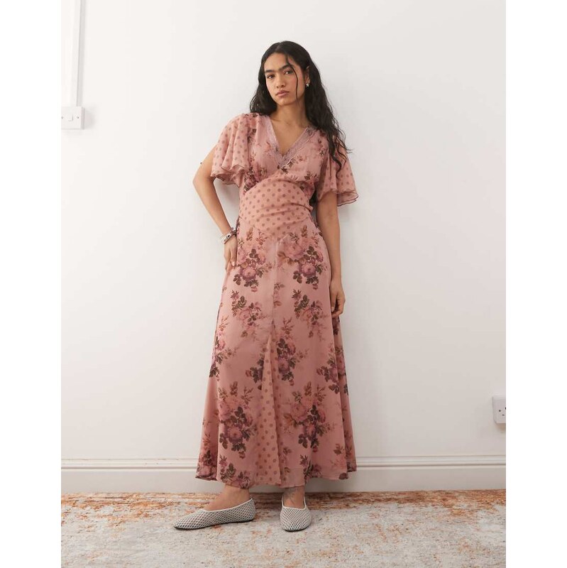Reclaimed Vintage midi tea dress with lace trim and flutter