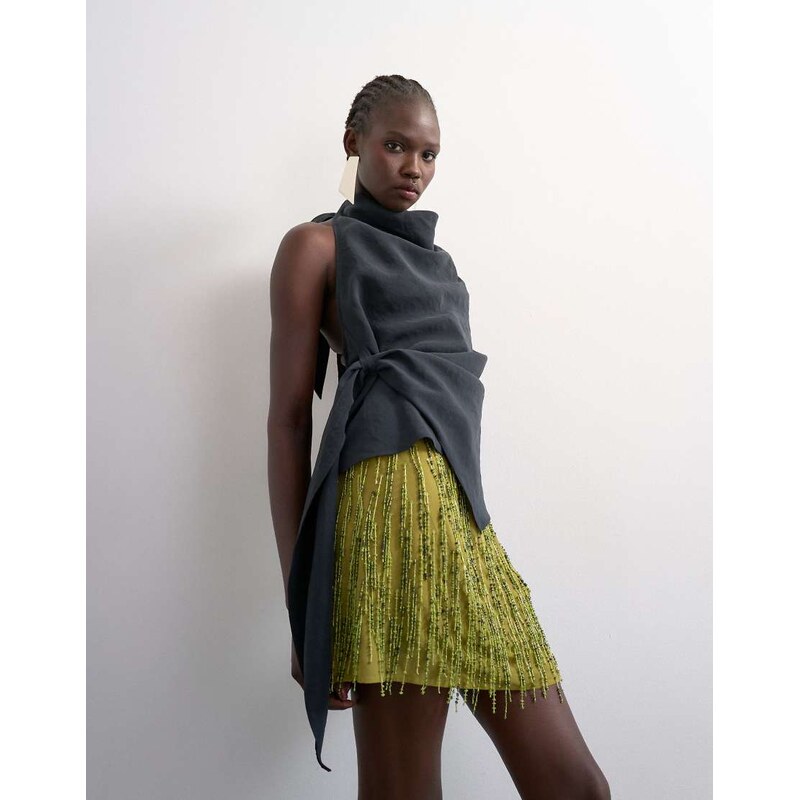 Topshop heavy beaded mini skirt in green