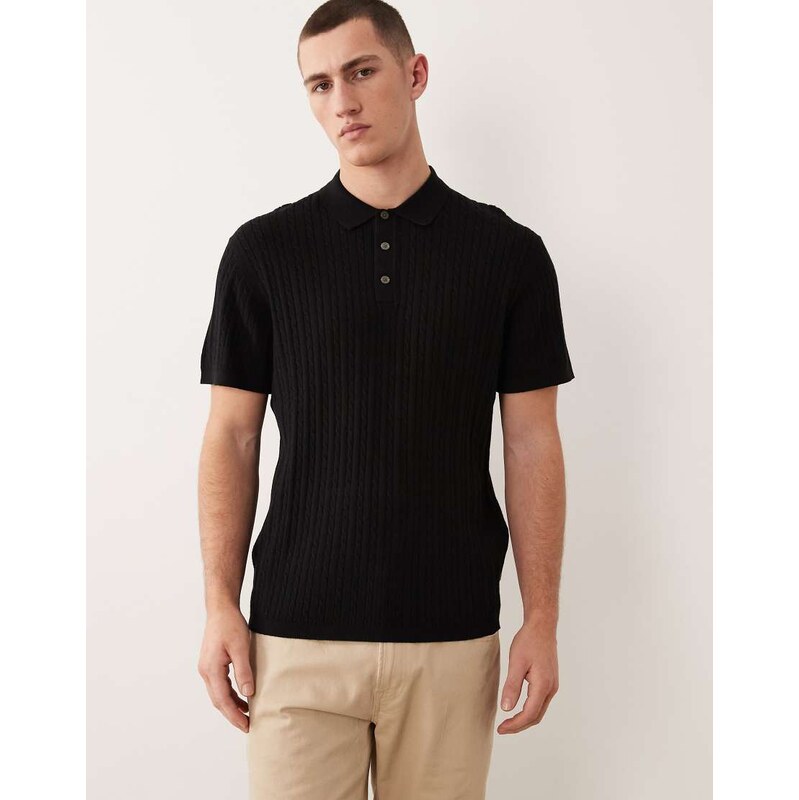 Jack & Jones cable knit polo with short sleeves in black