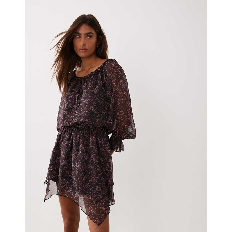 Miss Selfridge chiffon bardot mini dress in paisley-Multi