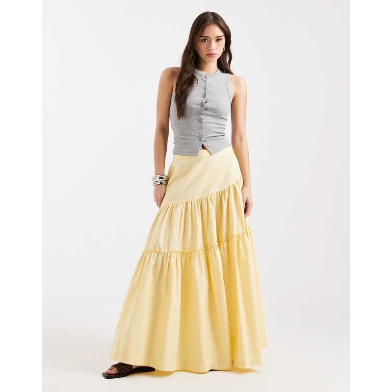 ASOS DESIGN asymmetric tiered boho maxi skirt in buttermilk