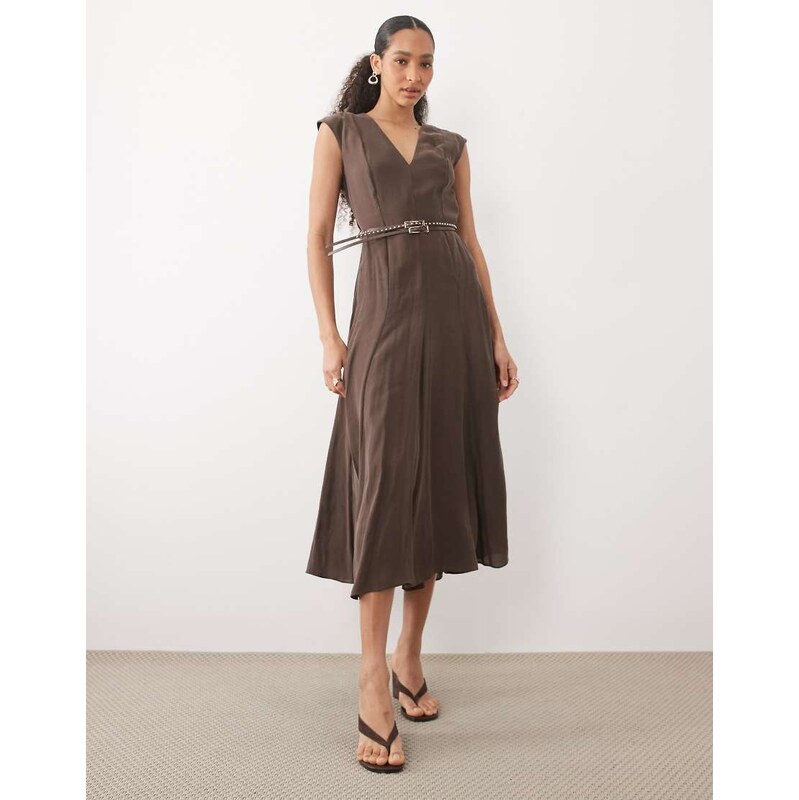 Mango v neck belted midi dress in brown