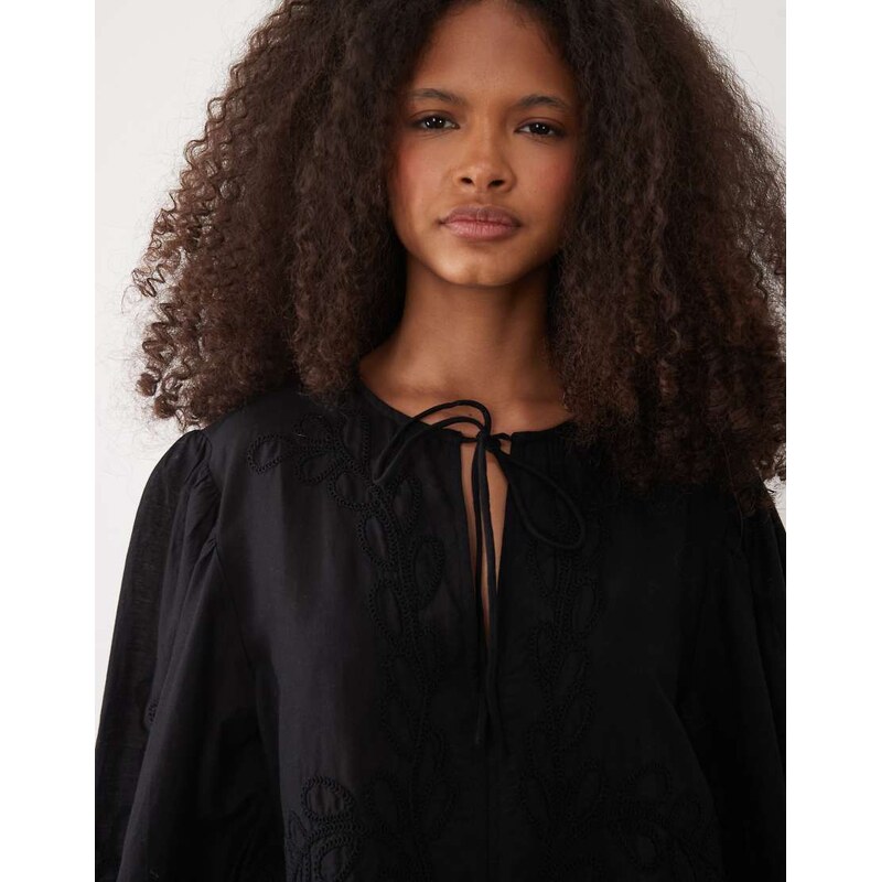 Mango 100% cotton cinched waist blouse in black 114727974