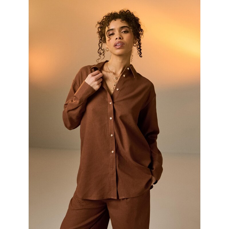 Sinsay - Košile oversized s příměsí lnu - béžová 113516882