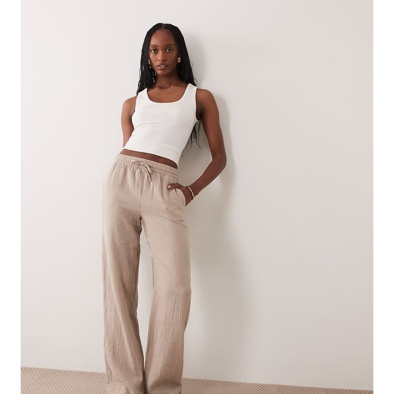 JDY Tall wide leg cheesecloth trouser in beige-Neutral 115518403