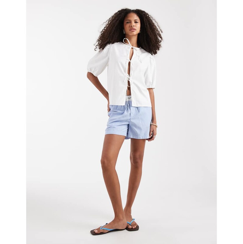 ONLY tie front top with puff sleeve in white